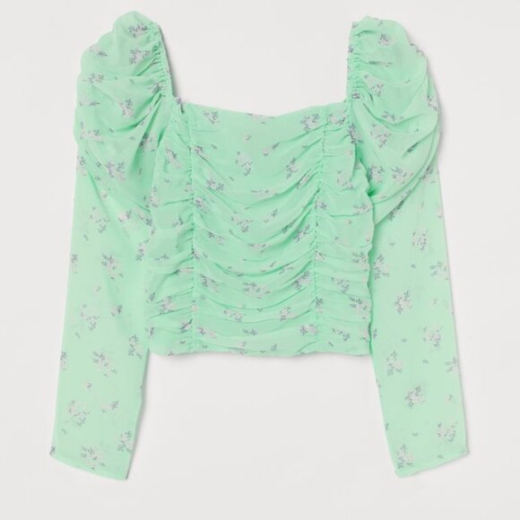 H&M Flowy Floral Green Top Puffy Sleeves - Picture 1 of 4